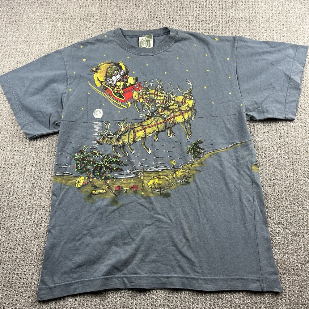 Art Unlimited Vintage Christmas Shirt Santa Reindeer Double Sided Gray Large